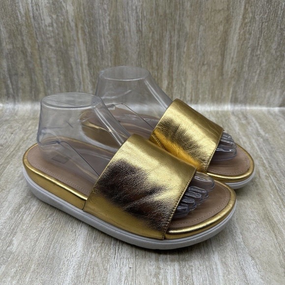 FitFlop Luxe Loosh Slide Sandals Womens‎ 8 Metallic Gold Leather Slip On Shoes - Picture 2 of 12